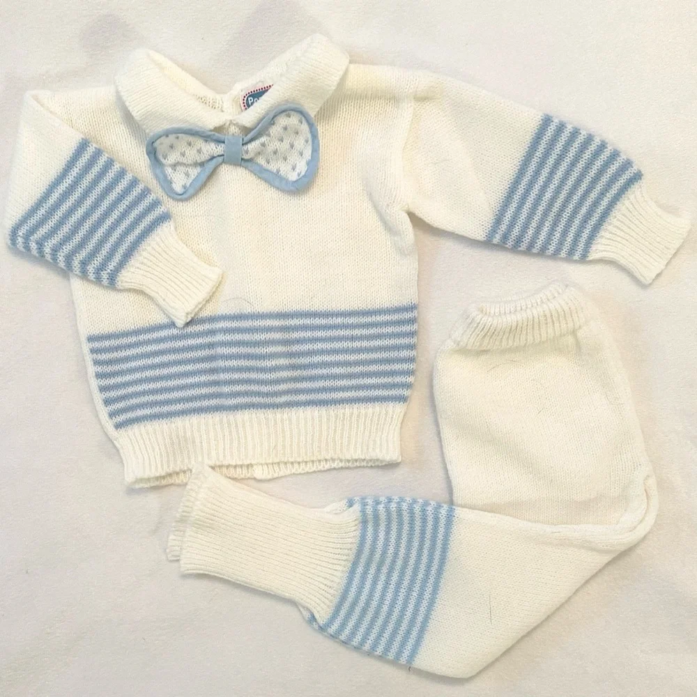 Vintage Baby Boys Popsicle Sweater Top & Pants Set 12M 2Pc Ivory Blue Bow tie
